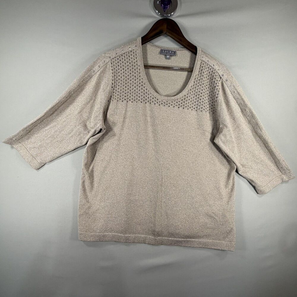 Laura Plus Petites Beige 3/4 sleeve Blouse Rhinestone Accent pullon glittery